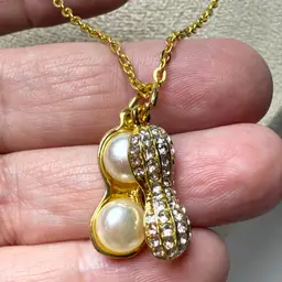 Gold Tone 20" Peanut Shell Pendant Necklace Rhinestones Faux Pearls Unusual