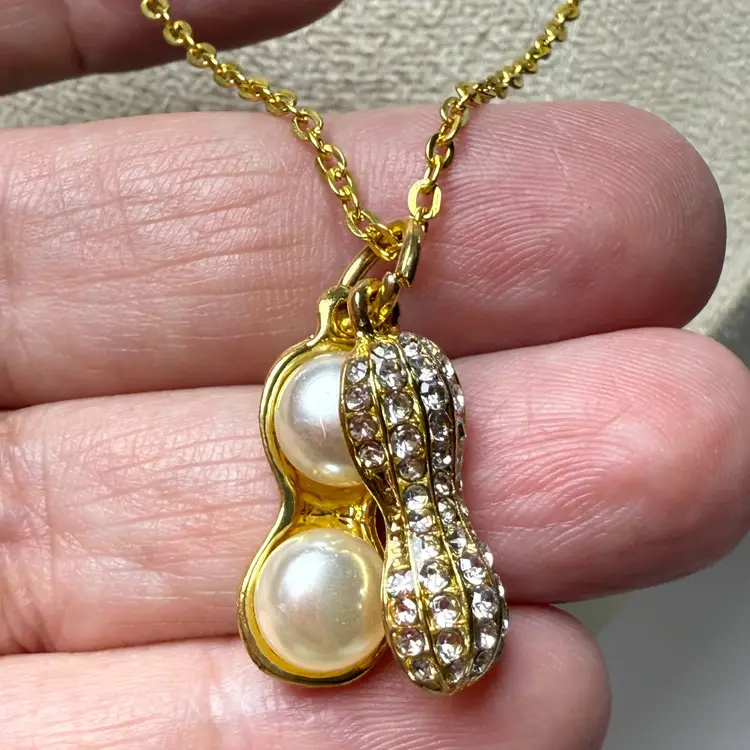 Gold Tone 20" Peanut Shell Pendant Necklace Rhinestones Faux Pearls Unusual