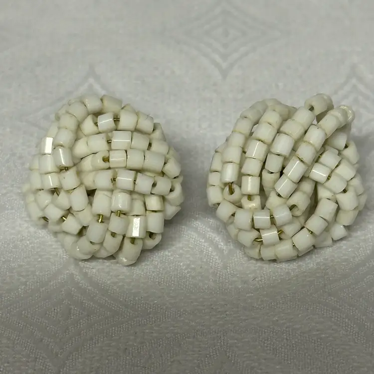 Vintage Handmade White Stone Beaded Twisted Post Earrings