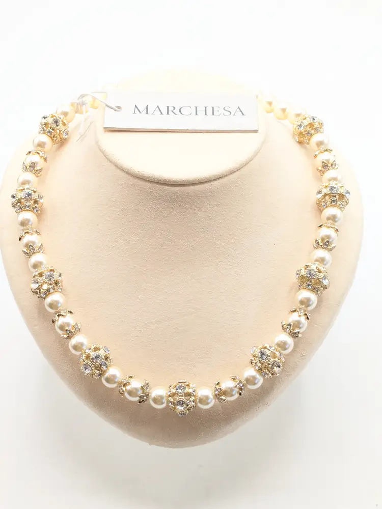 Marchesa Pavé Station Faux Pearl Gold Tone Collar Necklace