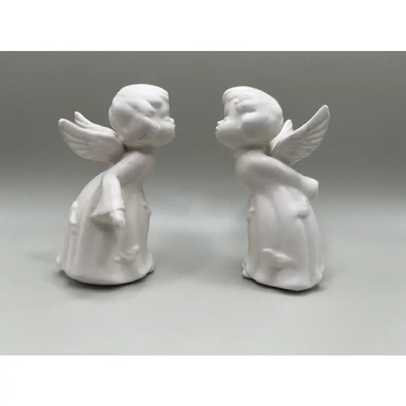 Vintage Bisque Porcelain Kissing Angels Figurines ~ Adorable Pair ~ Japan ~ Measures 3.75 inches tall