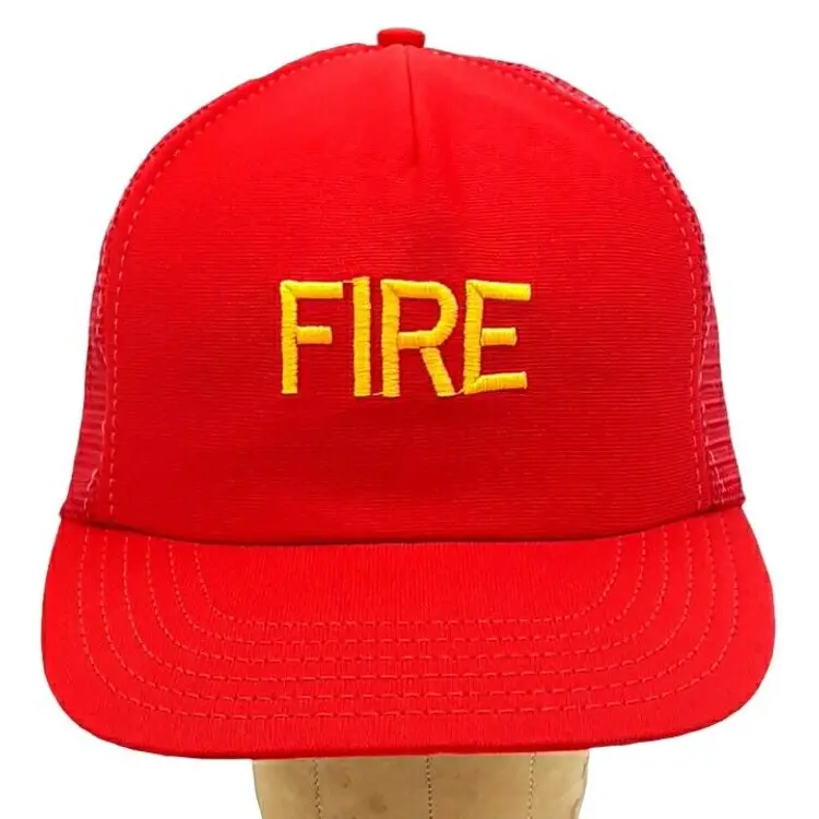 Vintage Fire Red And Gold Embroidered Snapback Trucker Hat Mesh Cap Made in USA