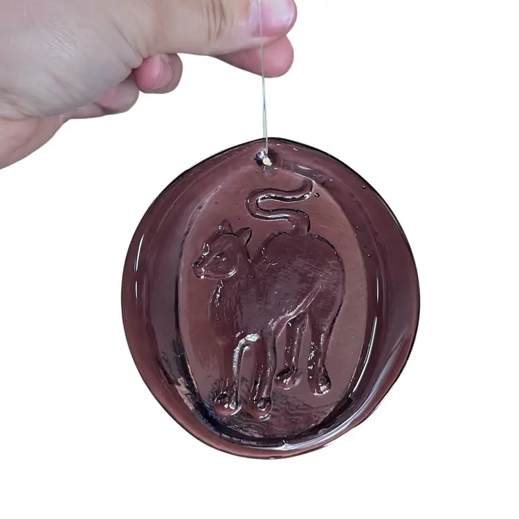 Pressed Glass Cat Laying Down Suncatcher, Purple Glass Sun Catcher, Purple Glass Cat Ornament, Wall Hanging, Purple Cat Art Glass Medallion, Decorative Glass Disk, Amethyst Glass Cat Suncatcher