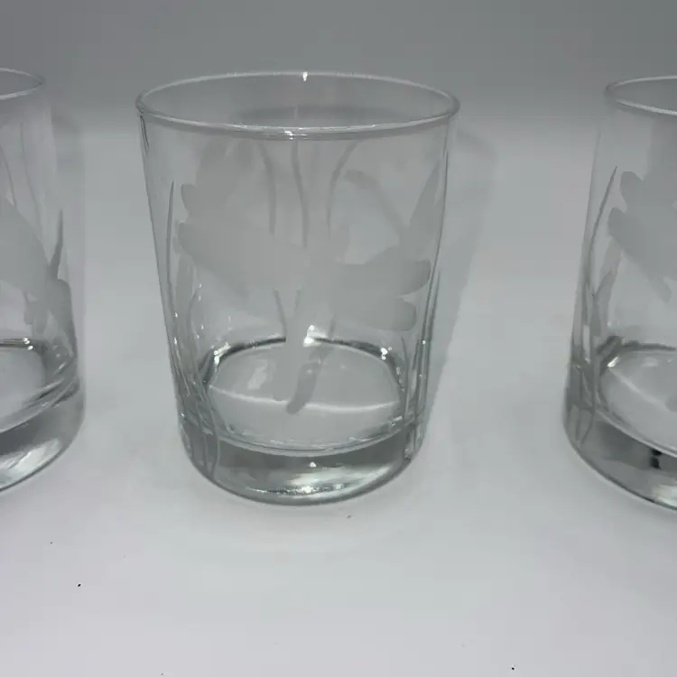 Rolf Double Old Fashion Set of 3 Etched Dragonfly and Reed 14 oz Glasses Barware 4.25”
