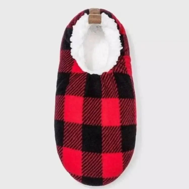 Fuzzy Babba Mens Slipper Socks Red/Black Plaid Holiday Christmas Size L/XL 10-12