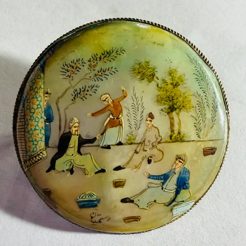 Vintage Hand Painted Persian Mother Of Pearl MOP Brooch - 1.5” Diameter