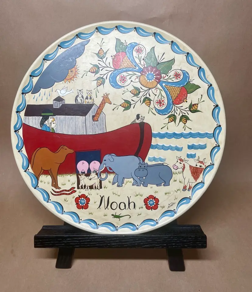 Rita Sharpe Swedish Dalmalning Style Folk Art Hand Painted Wooden Plate Noah's Ark 1997