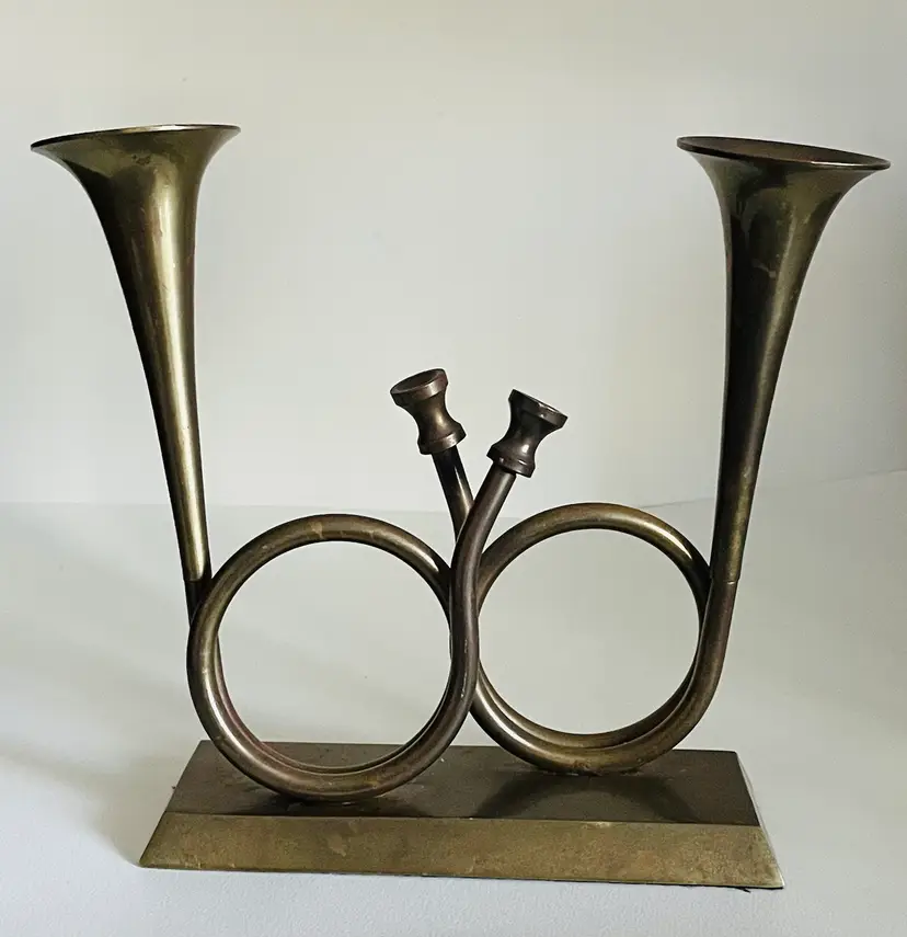 Vintage Brass Double French Horn Candlestick Holder