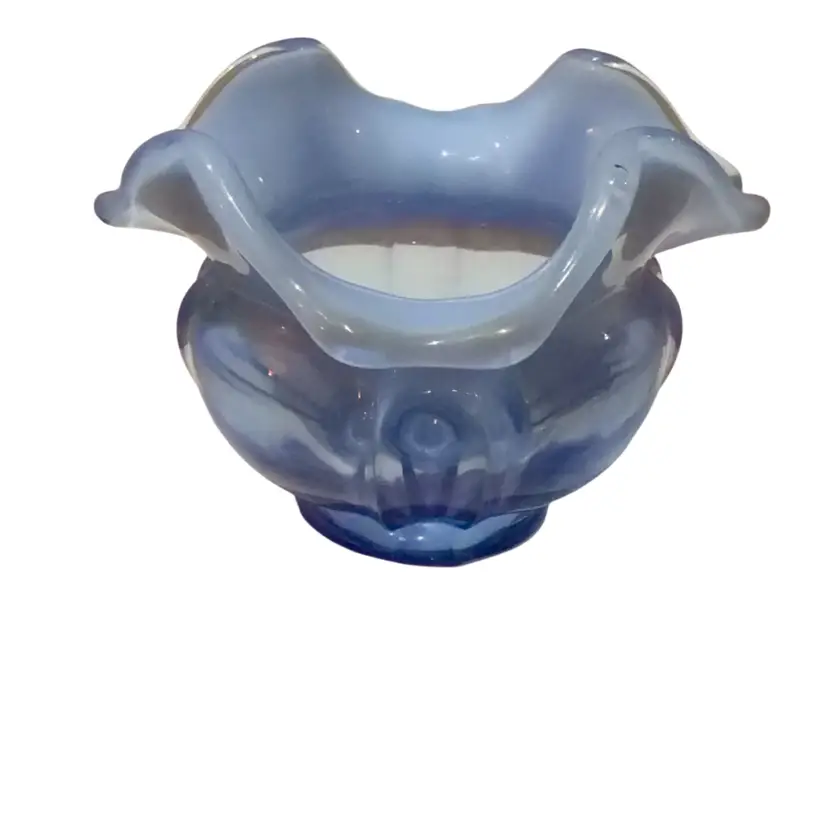 Fenton Opalescent Blue Rose Bowl With Fenton Mark On Base Manufacturing Flaw Bubble On Top See Pics