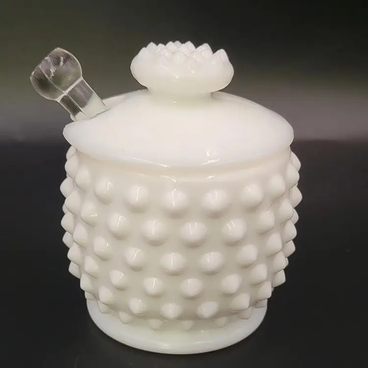 Vintage Fenton Milk Glass Hobnail Covered Mustard With Spoon
