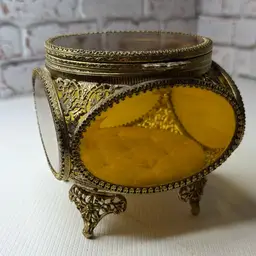 Antique Ormolu Filigree Trinket Casket Vitrine Box Beveled Amber Glass