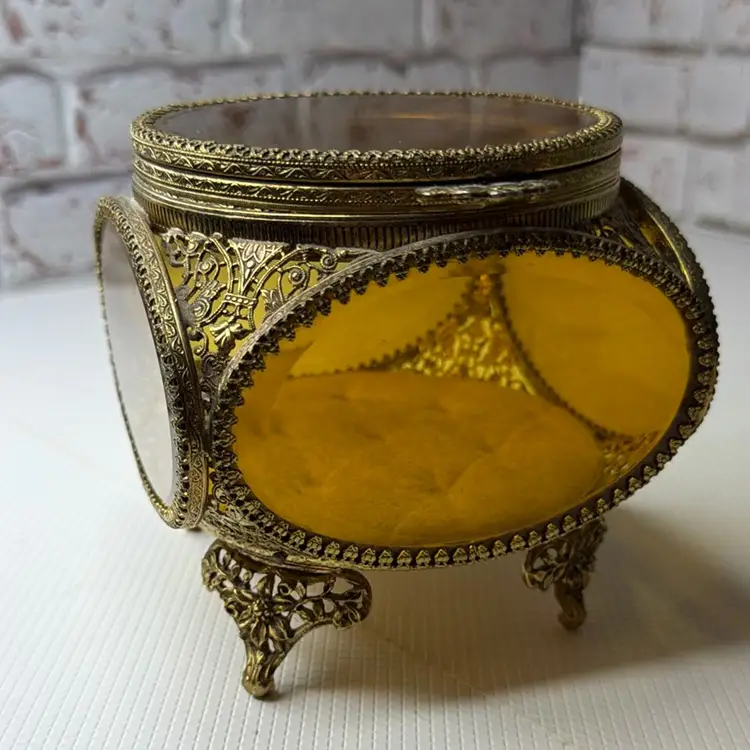 Antique Ormolu Filigree Trinket Casket Vitrine Box Beveled Amber Glass