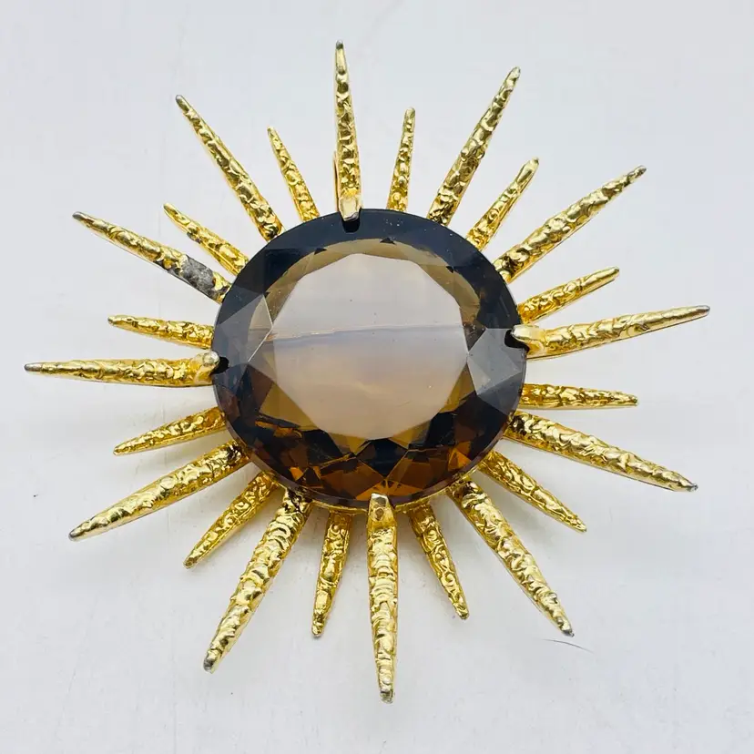 CAPRI Sunburst Pin Brown Topaz Center Gold Tone Star Spikes Celestial Space READ