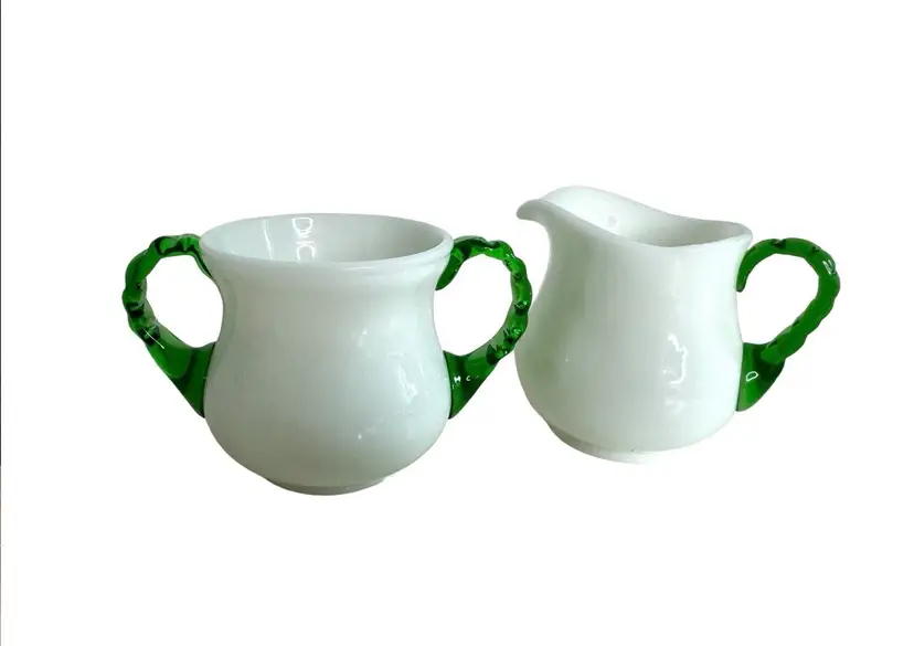 Fenton Emerald crest white milk glass cream and sugar set