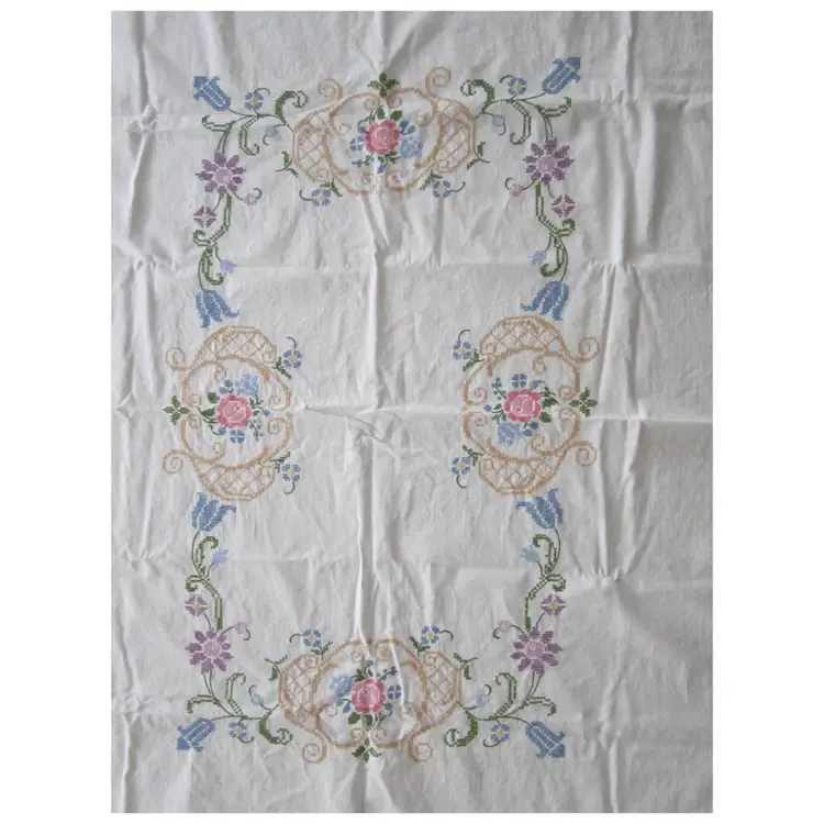 Lovely hand embroidered tablecloth with floral pattern 62" x 48"