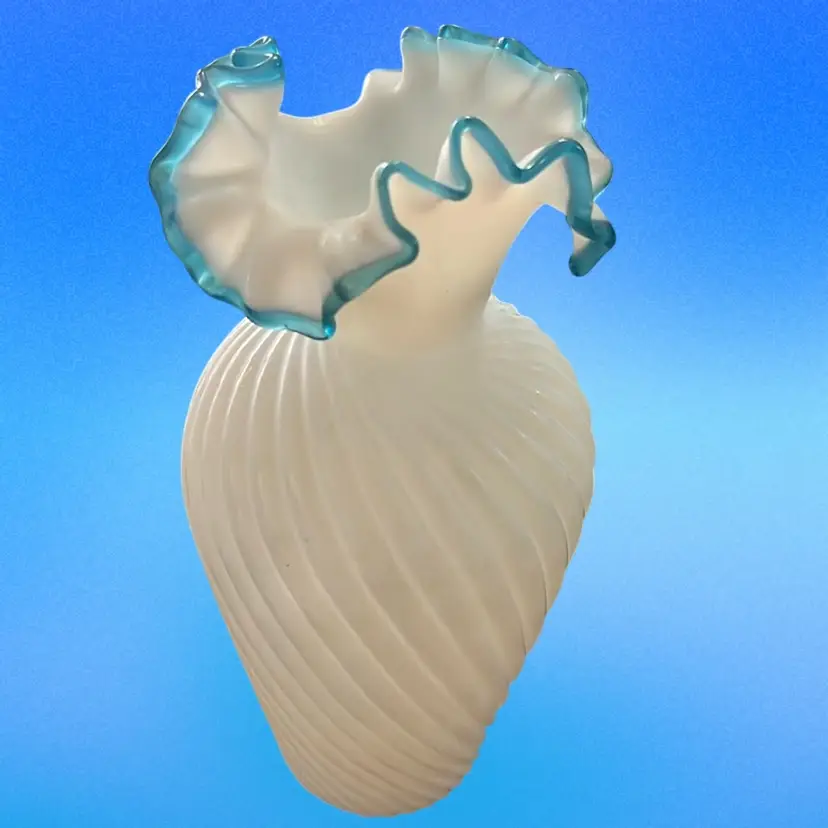 Antique Hand Blown Victorian Cased White Glass Vase with Aqua Crest Double Ruffled Rim