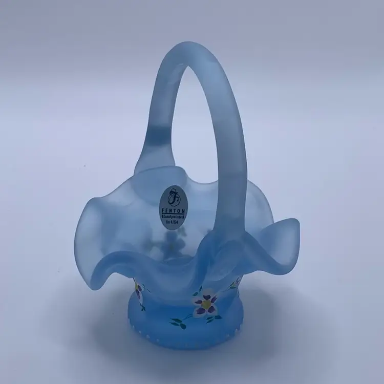 Fenton Art Glass Hand-Painted Blue Satin Basket By E. Baumgard 4”