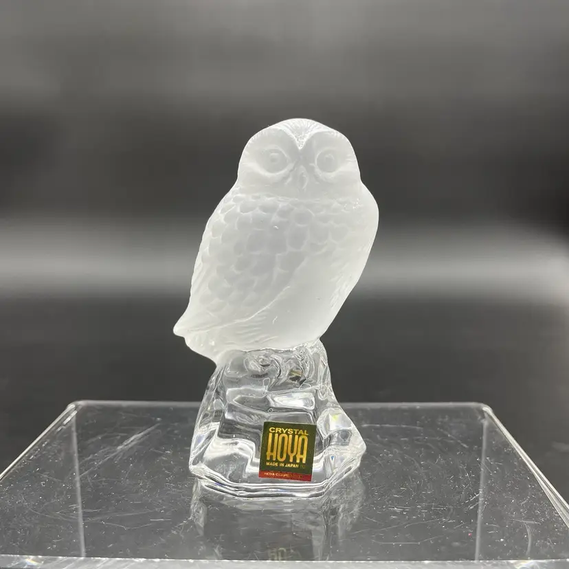 HOYA Japanese Crystal Owl Figurine Japan Original Label Frosted Bird