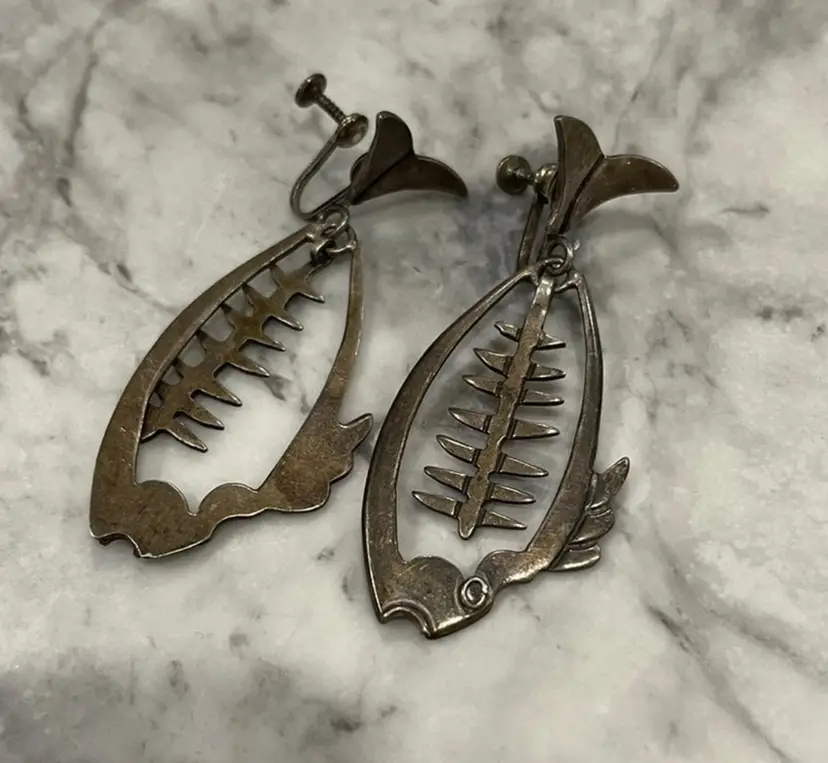 Sterling Taxco Articulated Fish Earrings & ramero Fishbone Dangle Vintage