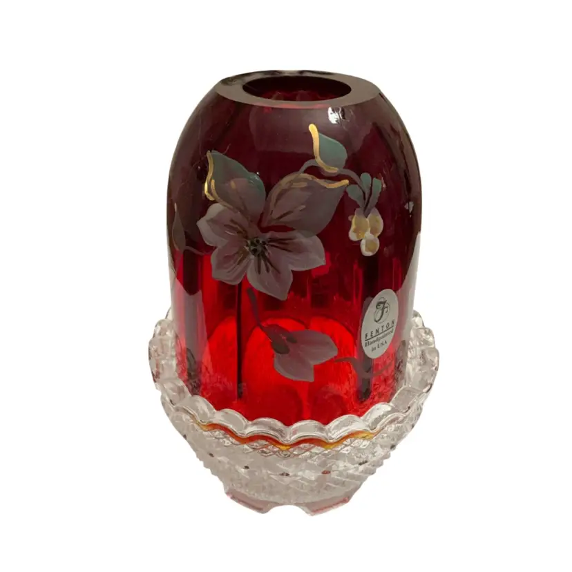 2-piece Fenton Ruby Red w/ White Dogwood Floral Fairy Light HP By Christina Riggs (1996-98) Limited Edition #1090 4.75” X 3” GLOWS!