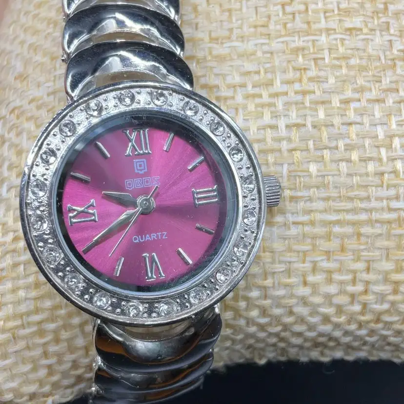 QBOS Maroon Dial Clear Rhinestone Metal Band Silver Tone Watch