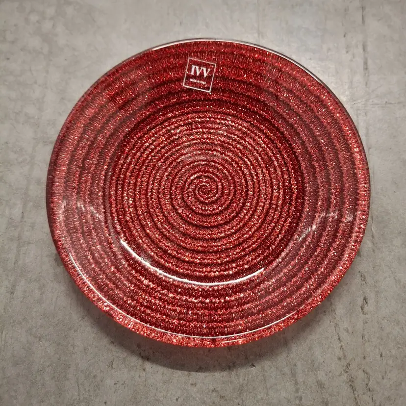 IVV Italian Glass Red Metallic Spiral Pattern Trinket Dish Italy 5 3/4 Inch Round