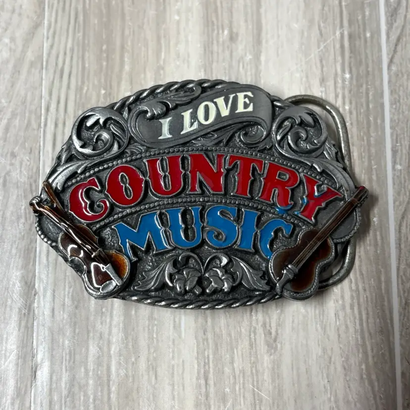 I Love Country Music Belt Buckle Made In USA Siskiyou 1988 Silver