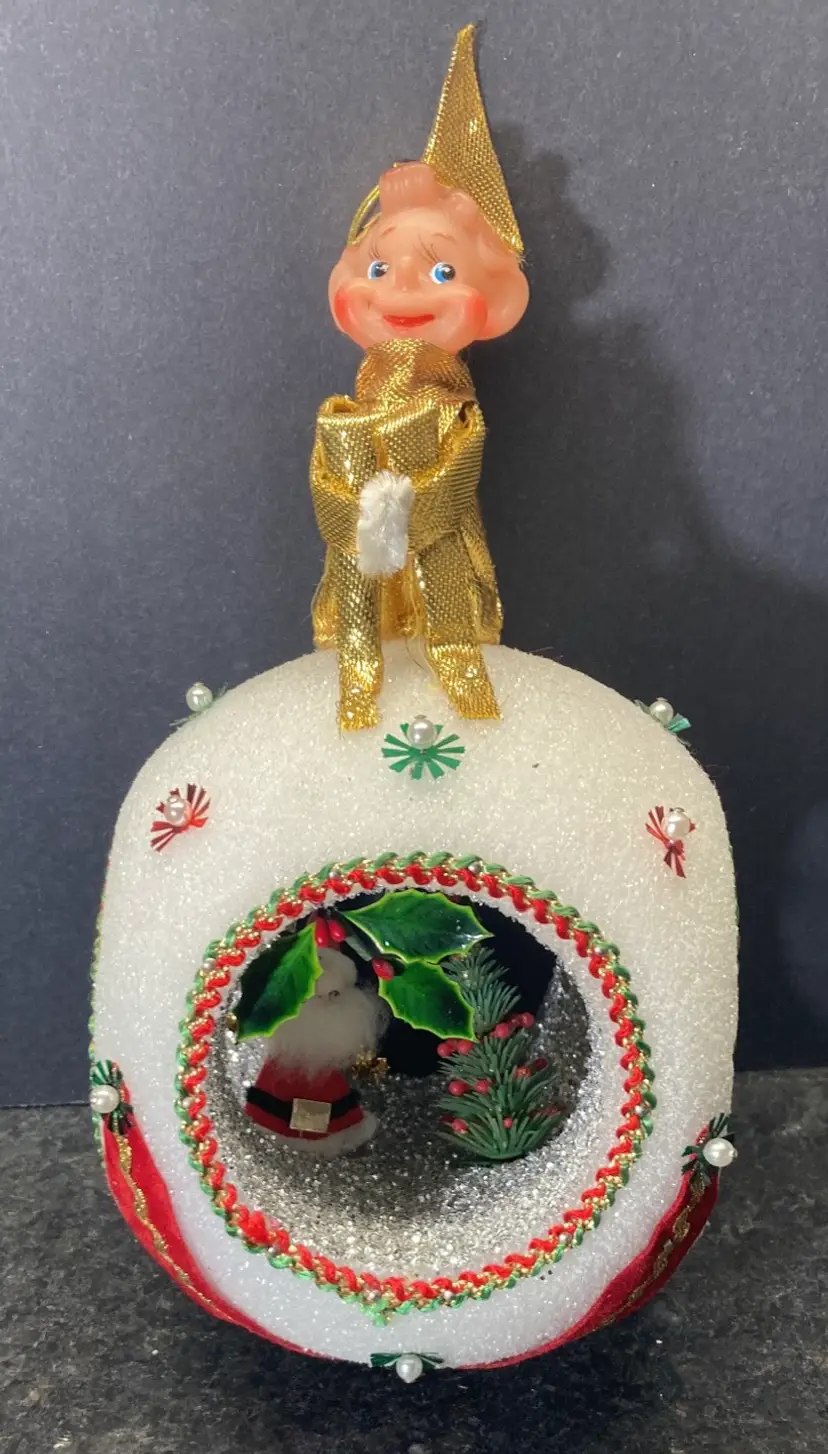 Vintage Christmas Diorama Large Styrofoam Ornament Hugging Elf Santa 50’s Kitsch