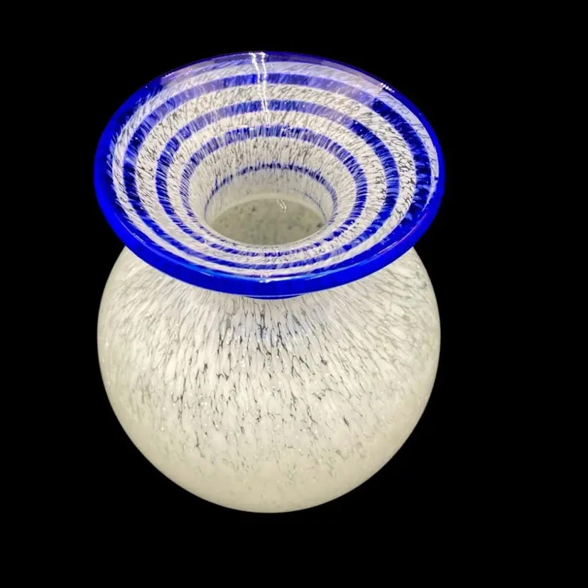 Pier 1 Imports White Spongeware Glass Vase, Cobalt Blue Applied Swirline Neck