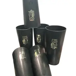 Summertime Ice tea Cups!!! Set of 6 Nasco MCM Vintage Black Plastic Gold Owl Tumblers Cups Good Used Condition, Minor Wear