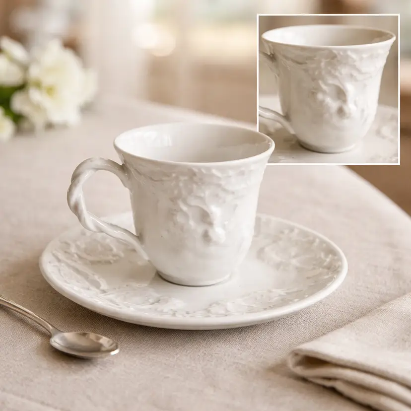White Porcelain Demitasse Cup & Saucer, Raised Pattern & Twist Handle