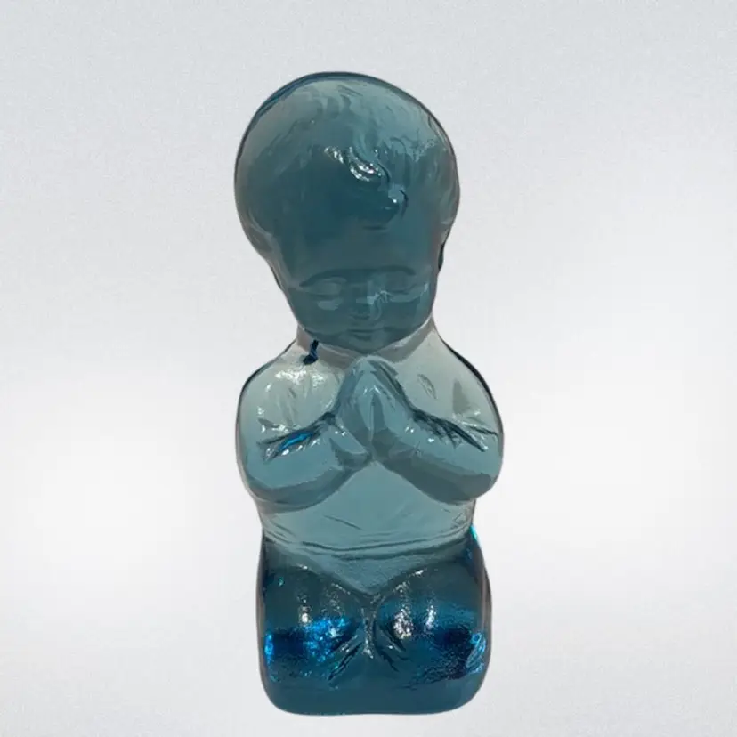 Viking Glass Praying Boy Bookend Vintage Light Aqua Blue Glass Paperweight 6 Inch