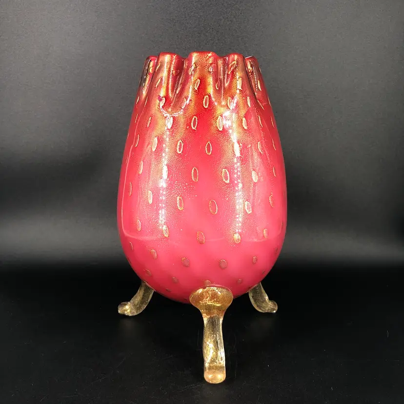 Hand-Blown Murano Art Glass Gold Aventurine with Controlled Bubbles Footed Vase