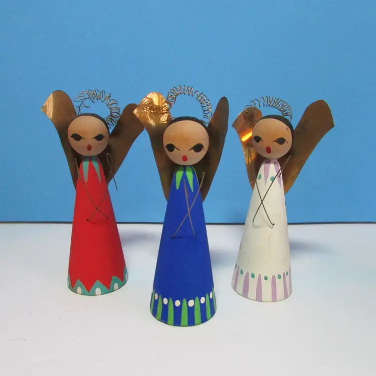 lot of 3 MCM wooden angel ornaments red white blue made in Sweden 4 1/2" tall