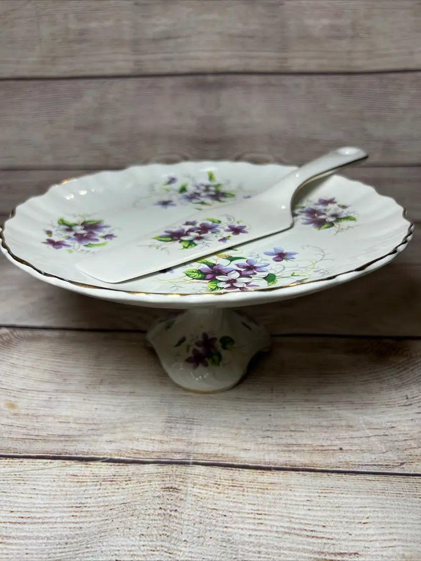 Vtg James Kent Old Foley Pedestal Dessert Plate Server Purple Violets Porcelain