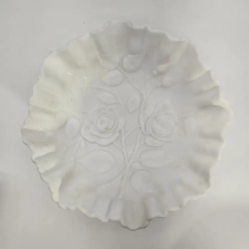 Imperial Glass Large Rose Satin Milk Glass Bowl Vintage Ruffle Scalloped Edge
