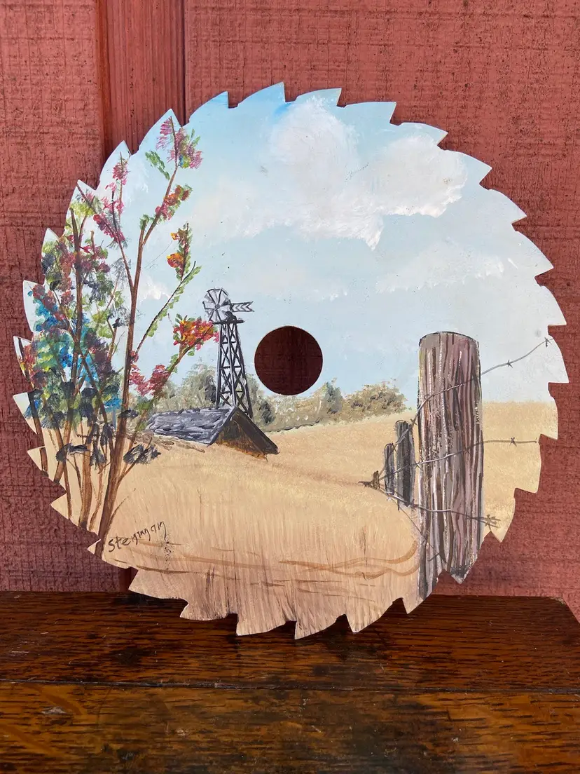 Hand-painted Saw Blade Art. 9.75 Inches. Artist Signed. Farm Scene With Barn, Windmill, Barbed Wire Fence And Trees