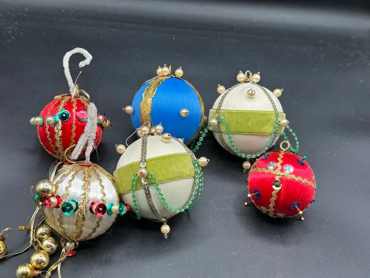 Vintage Push Pin Satin Velvet Embellished Beaded Homemade Multi Colors Set of 6