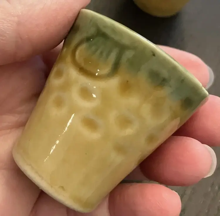 Lot of Japanese Glazed Pottery Yellow and Green Sake or Tea Cups X 6