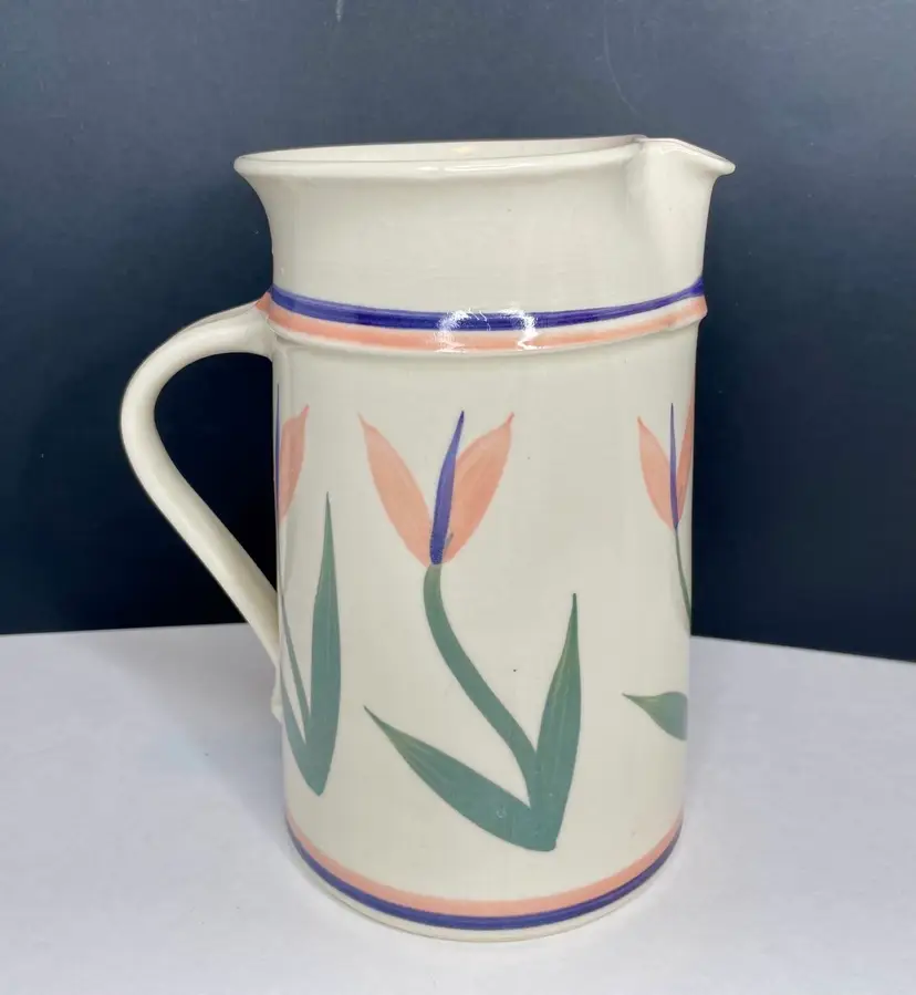Studio Art Pottery Pitcher Vase Pink Tulips Cream Indigo Green Spring 8” Signed