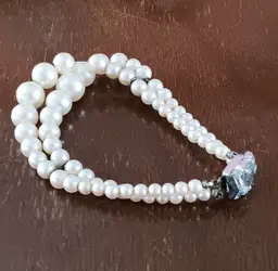 Vintage Double Strand Faux Pearl Bracelet with Rhinestone Clasp