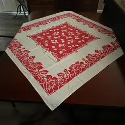 127 vintage 1950s cotton red and white floral 44" x 46" tablecloth