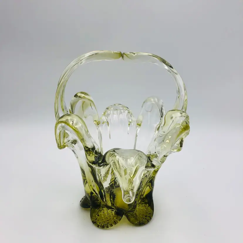 Vintage Chalet Art Glass Canadian Basket Olive Green Bomboniere Split Handles