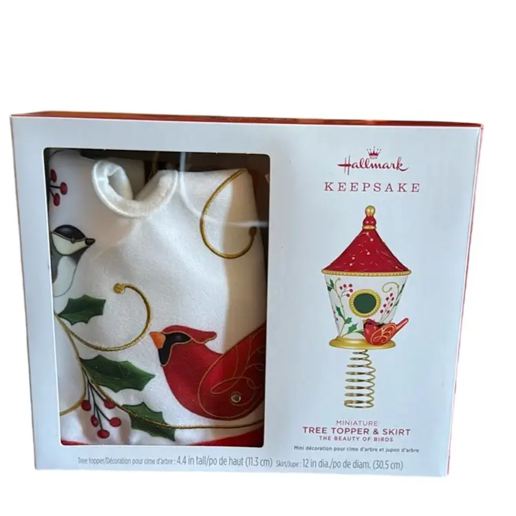 Tree Topper & Tree Skirt Miniature Tree Set Hallmark Miniature Beauty Of Birds CARDINAL #2023 NIB White•Red•Green Holly
Topper 4.4”” T x Skirt 12” Dia