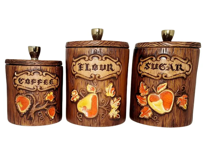 Barrel by Treasure Craft Canister Set Lids VINTAGE 1950'S 6pc Woodgrain Fruit