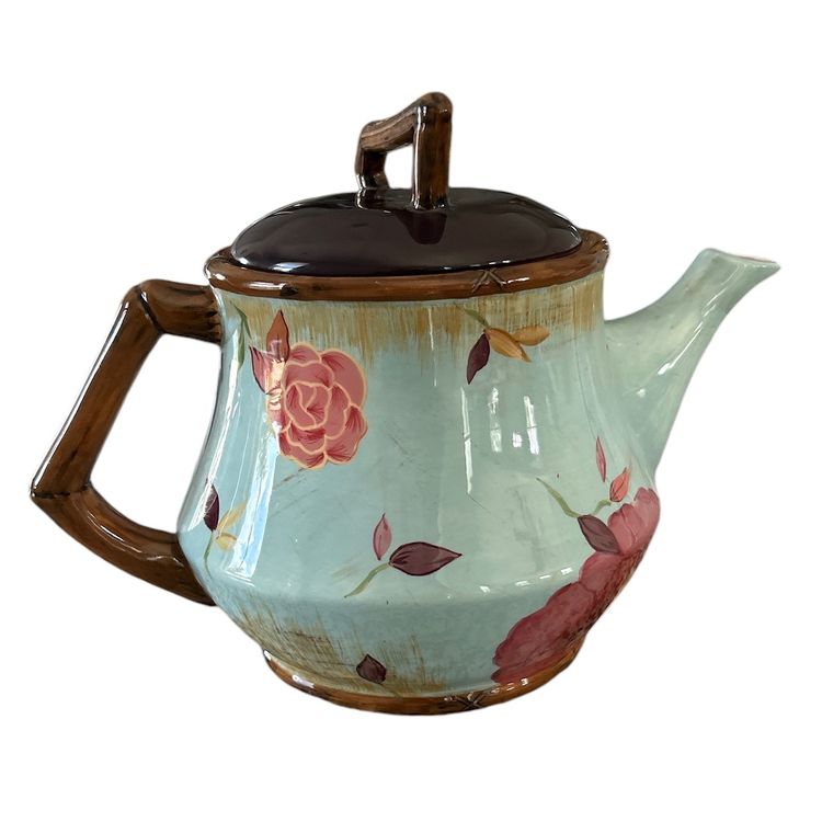 Hand Painted Tracy Porter Teal and Brown Ceramic Teapot