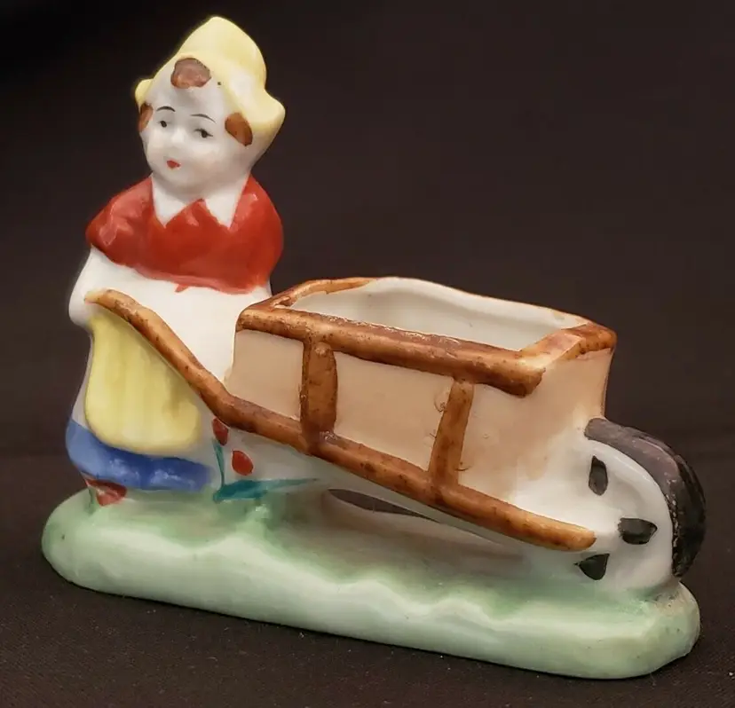 Dutch Girl Pushing Wheelbarrow Porcelain Planter Handpainted Occupied Japan