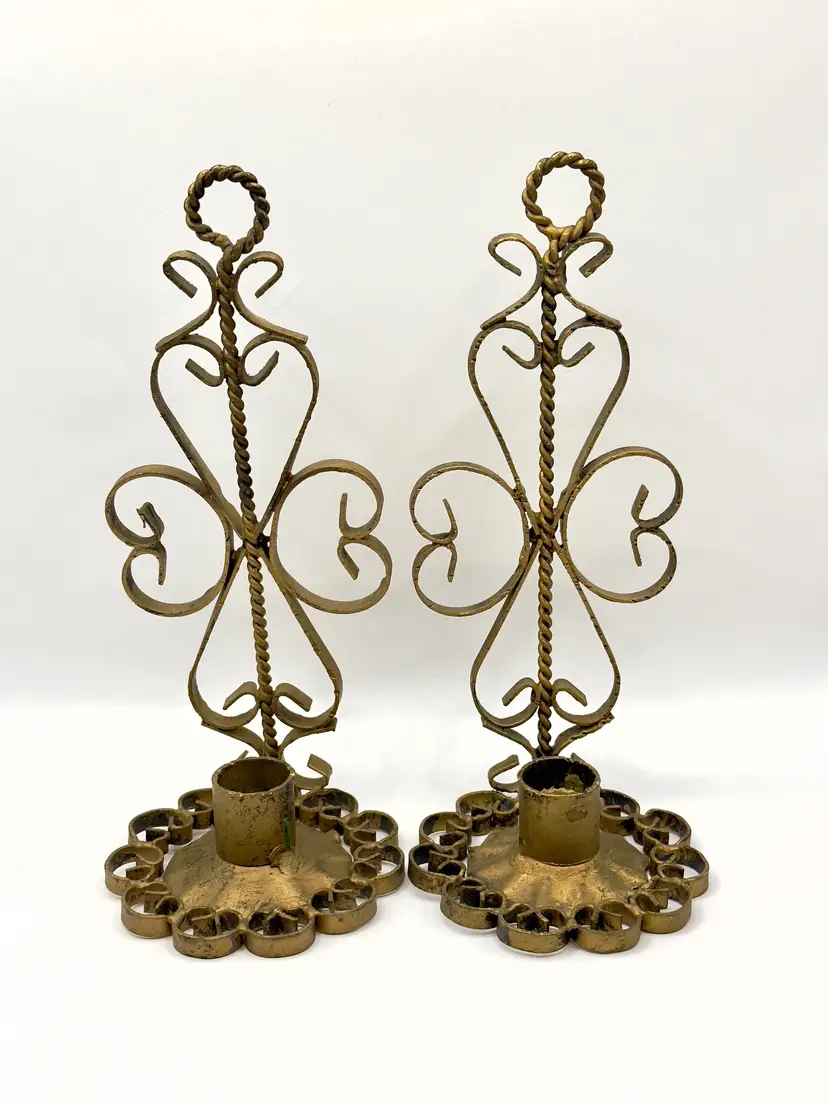 Vintage 1950’s Metal Scrollwork Candle Holders, Set of 2, Rustic Home Decor, Unbranded, Made In Spain