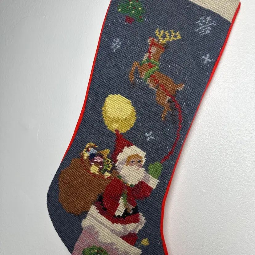 Vintage Christmas Santa & Reindeer Stocking Needlepoint By Hand