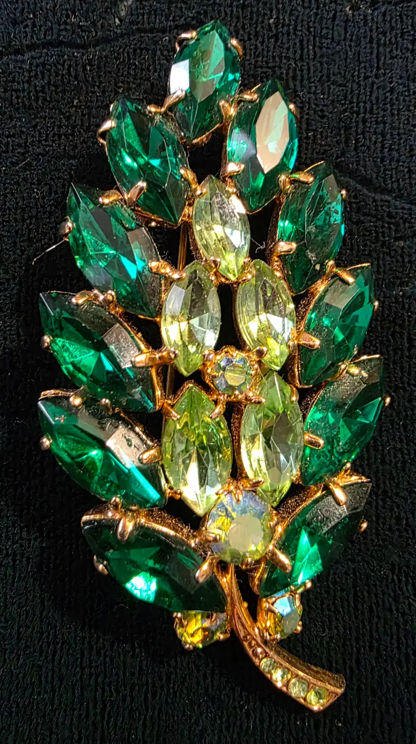 Gold Tone with Emerald and Mint Green Rhinestones Leaf Brooch